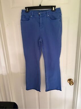 Chico's Bright Blue Flare Crop Jeans with Raw Hem